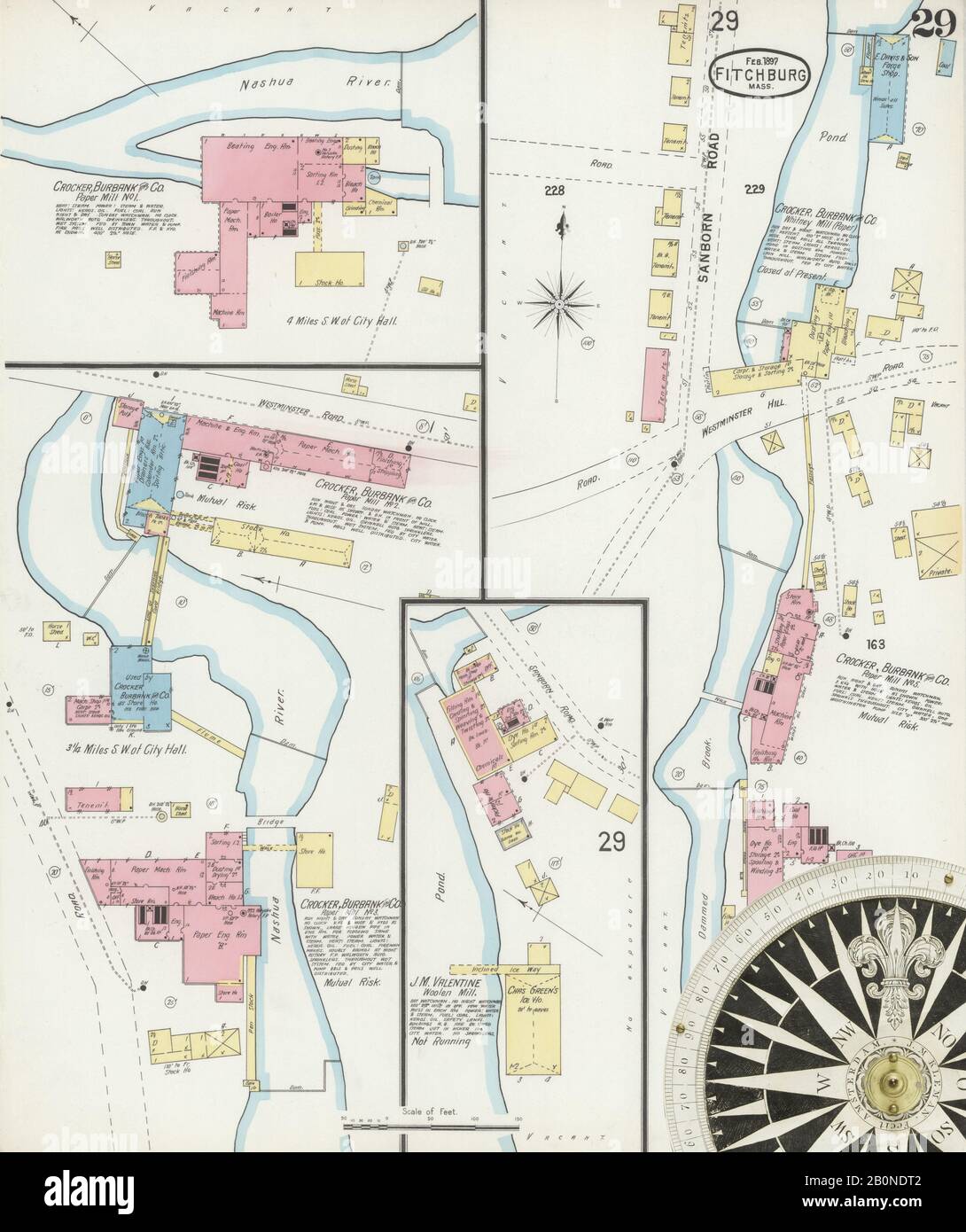 Image 29 of Sanborn Fire Insurance Map from Fitchburg, Worcester County, Massachusetts. Feb 1897. 32 Sheet(s), America, street map with a Nineteenth Century compass Stock Photo