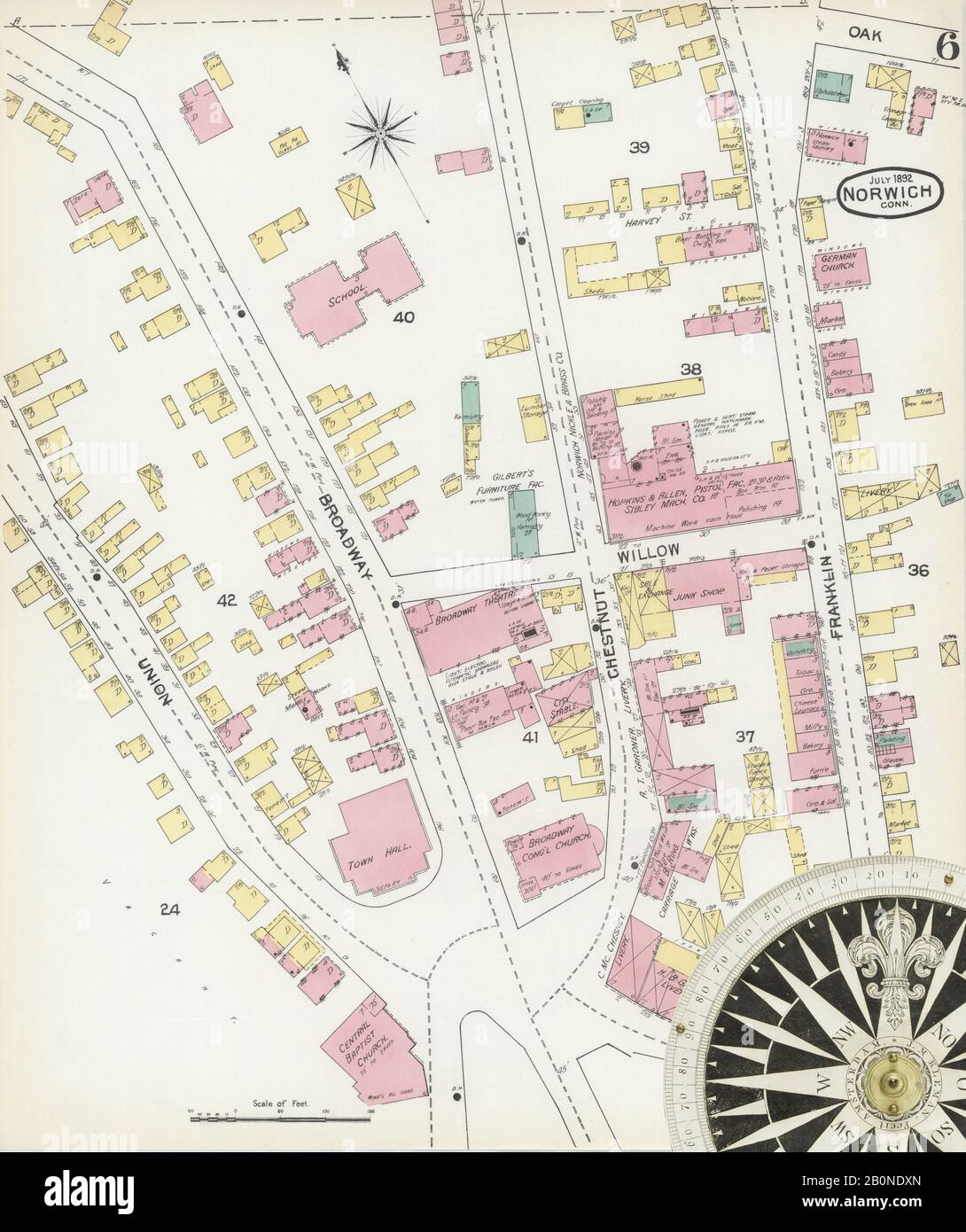 Image 6 of Sanborn Fire Insurance Map from Norwich, New London County, Connecticut. Jul 1892. 17 Sheet(s), America, street map with a Nineteenth Century compass Stock Photo
