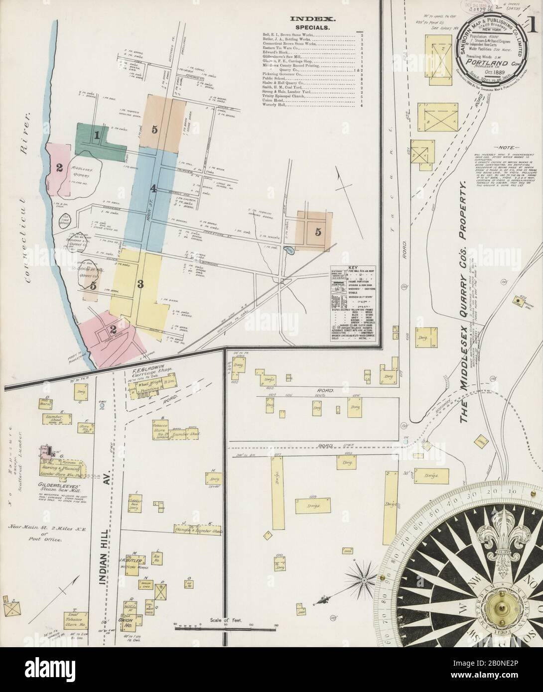 Image 1 of Sanborn Fire Insurance Map from Portland, Middlesex County, Connecticut. Oct 1889. 5 Sheet(s), America, street map with a Nineteenth Century compass Stock Photo