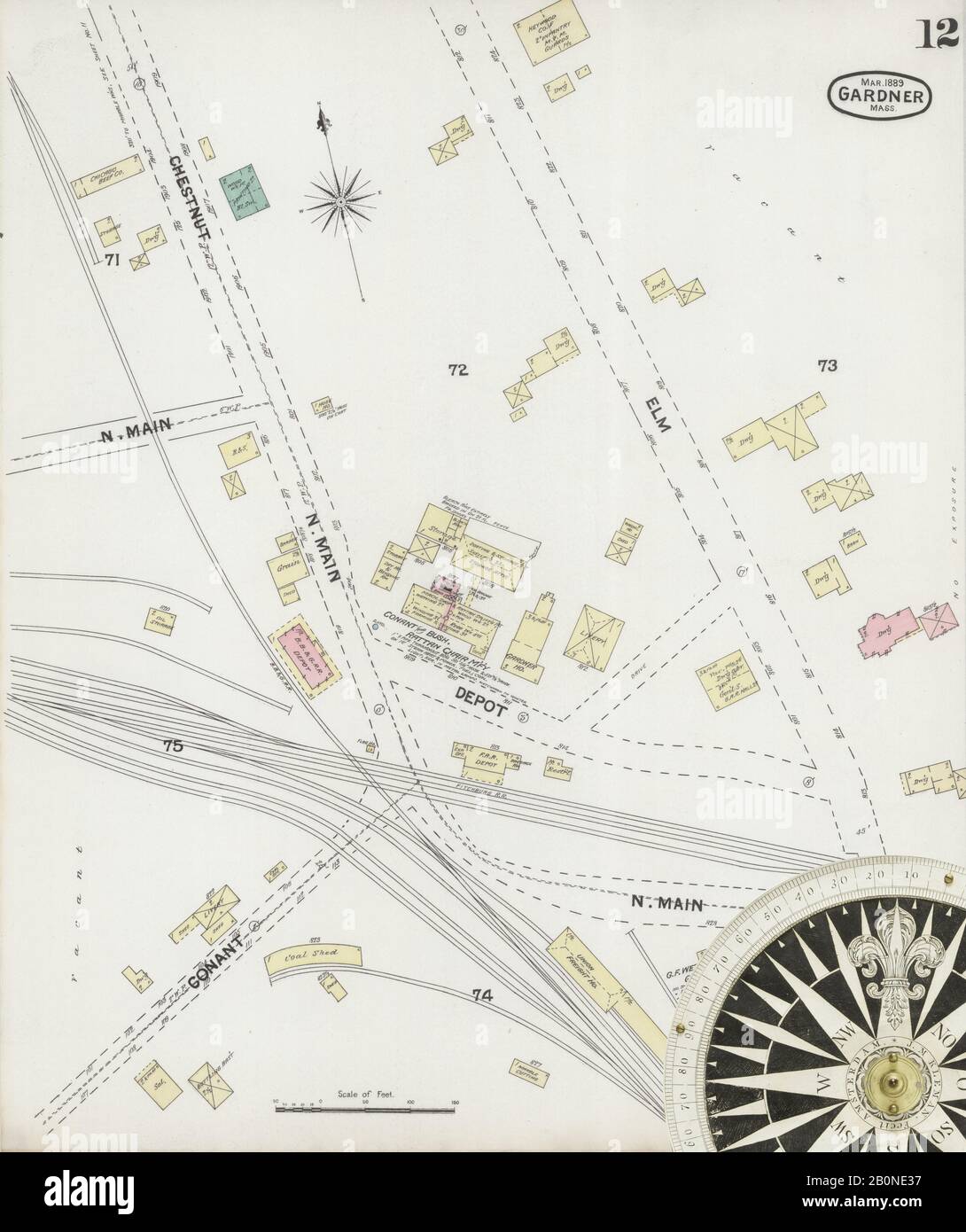Image 12 of Sanborn Fire Insurance Map from Gardner, Worcester County, Massachusetts. Mar 1889. 12 Sheet(s), America, street map with a Nineteenth Century compass Stock Photo
