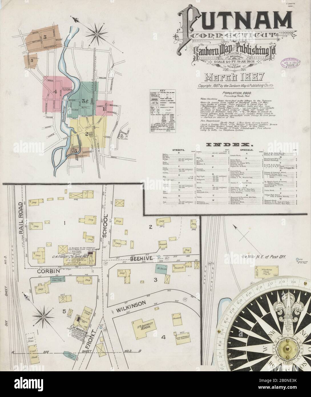 Image 1 of Sanborn Fire Insurance Map from Putnam, Windham County, Connecticut. Mar 1887. 5 Sheet(s), America, street map with a Nineteenth Century compass Stock Photo