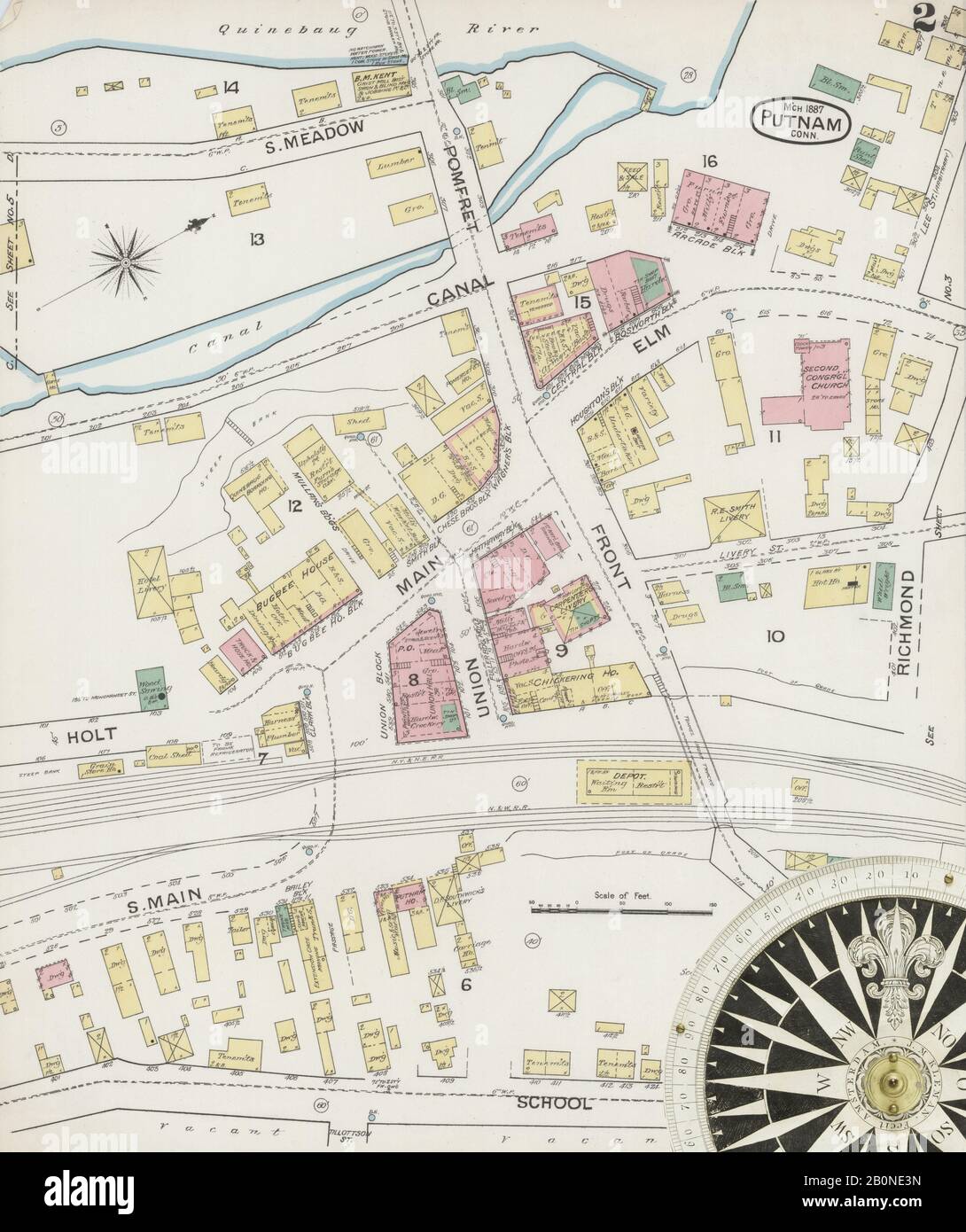 Image 2 of Sanborn Fire Insurance Map from Putnam, Windham County, Connecticut. Mar 1887. 5 Sheet(s), America, street map with a Nineteenth Century compass Stock Photo
