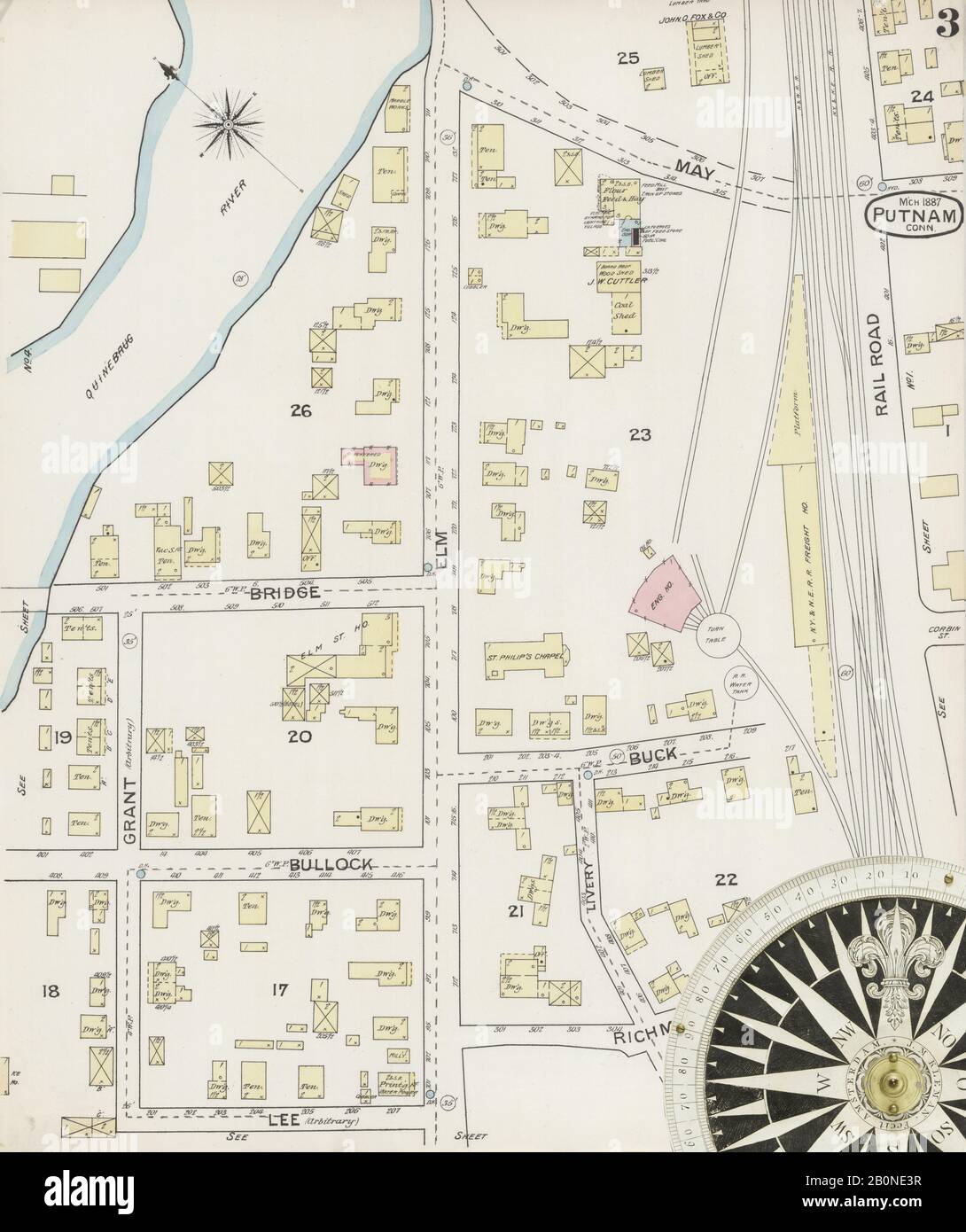 Image 3 of Sanborn Fire Insurance Map from Putnam, Windham County, Connecticut. Mar 1887. 5 Sheet(s), America, street map with a Nineteenth Century compass Stock Photo