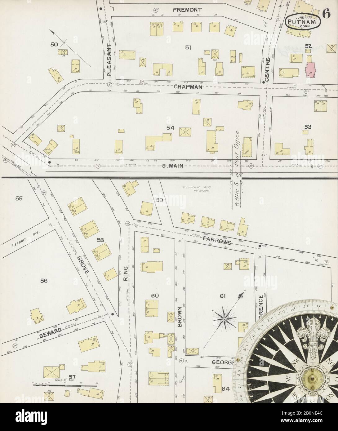 Image 6 of Sanborn Fire Insurance Map from Putnam, Windham County, Connecticut. Jun 1892. 6 Sheet(s), America, street map with a Nineteenth Century compass Stock Photo