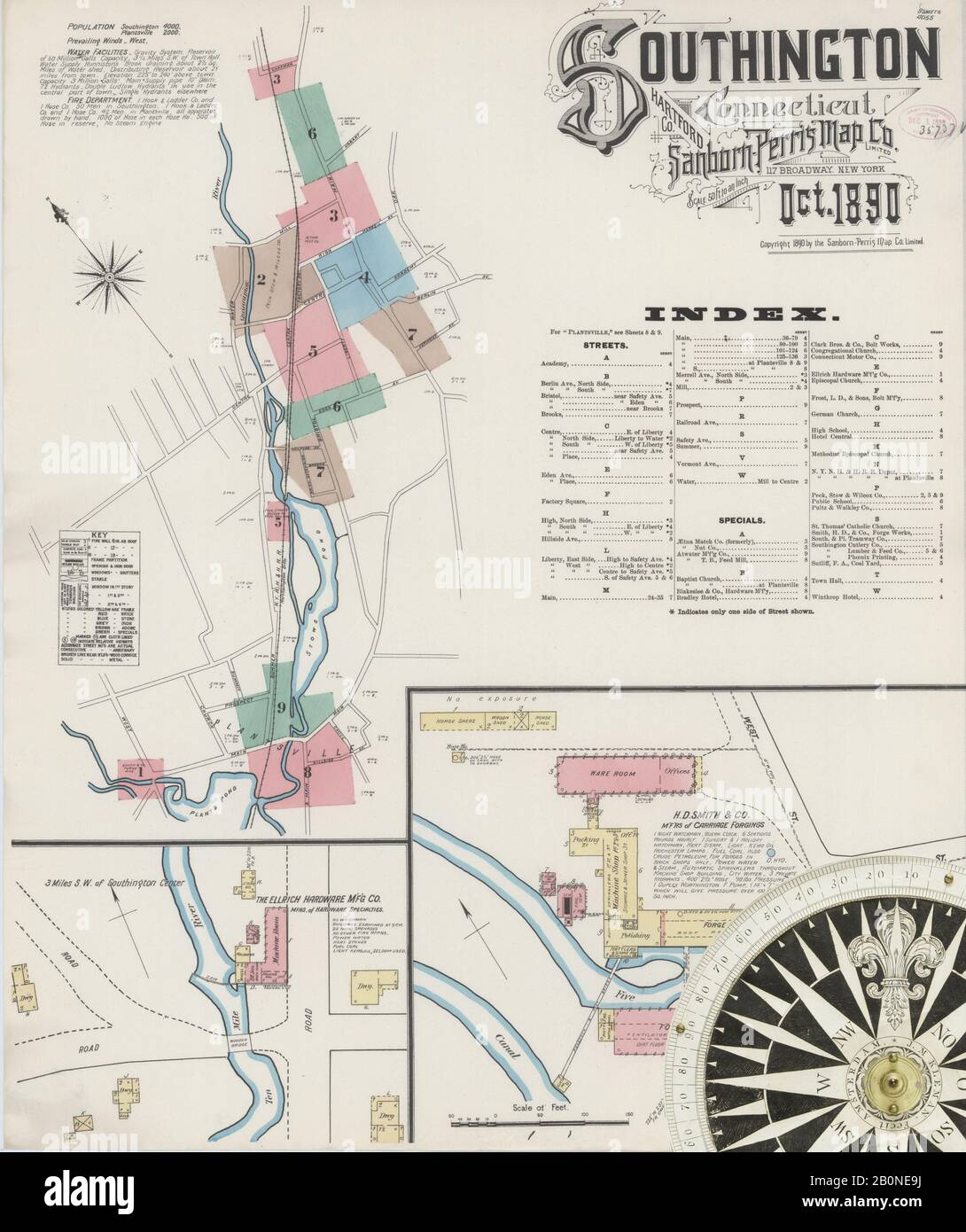 Image 1 of Sanborn Fire Insurance Map from Southington, Hartford County, Connecticut. Oct 1890. 9 Sheet(s), America, street map with a Nineteenth Century compass Stock Photo