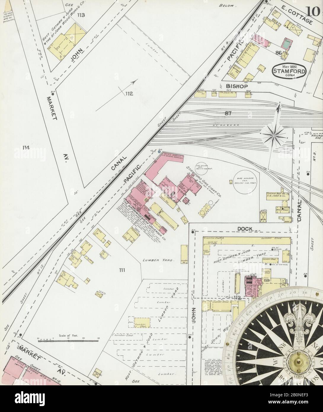 Image 10 of Sanborn Fire Insurance Map from Stamford, Fairfield County, Connecticut. May 1892. 17 Sheet(s), America, street map with a Nineteenth Century compass Stock Photo