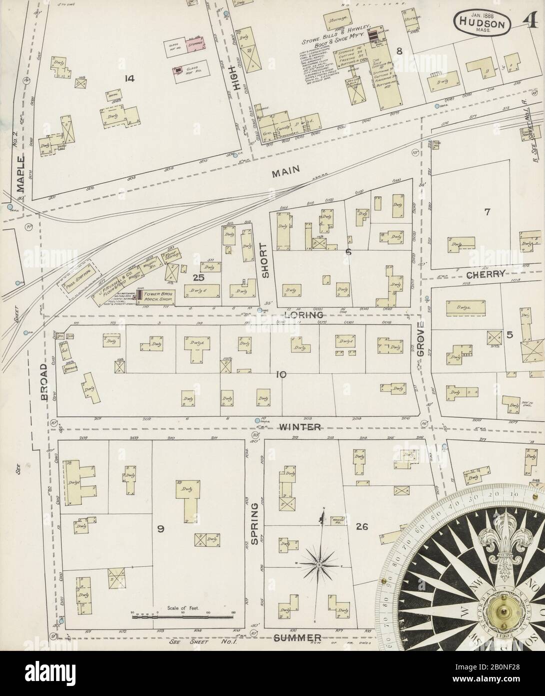 Image 4 of Sanborn Fire Insurance Map from Hudson, Middlesex County, Massachusetts. Jan 1888. 4 Sheet(s), America, street map with a Nineteenth Century compass Stock Photo