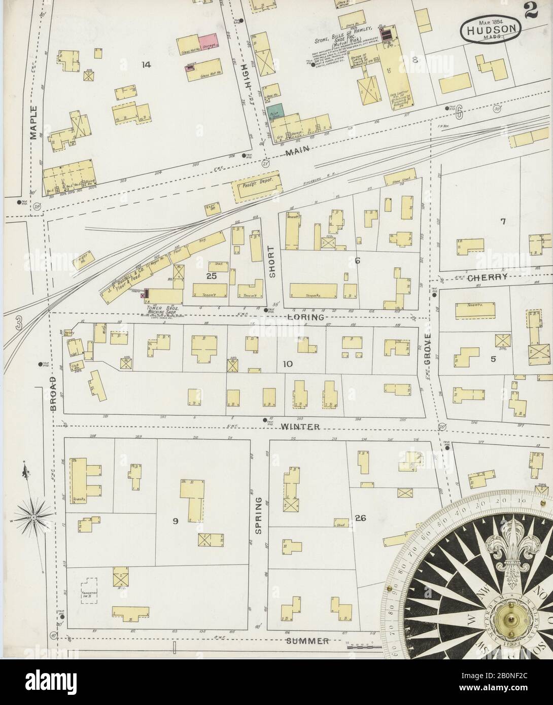 Image 2 of Sanborn Fire Insurance Map from Hudson, Middlesex County, Massachusetts. Mar 1894. 6 Sheet(s), America, street map with a Nineteenth Century compass Stock Photo