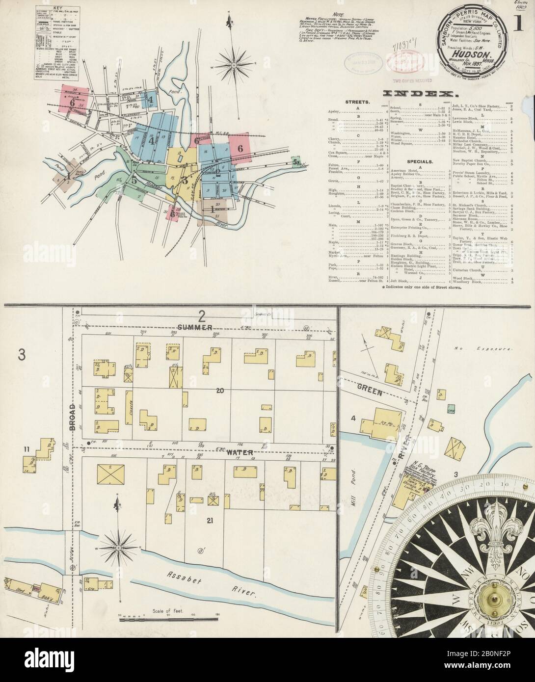 Image 1 of Sanborn Fire Insurance Map from Hudson, Middlesex County, Massachusetts. Nov 1897. 6 Sheet(s), America, street map with a Nineteenth Century compass Stock Photo