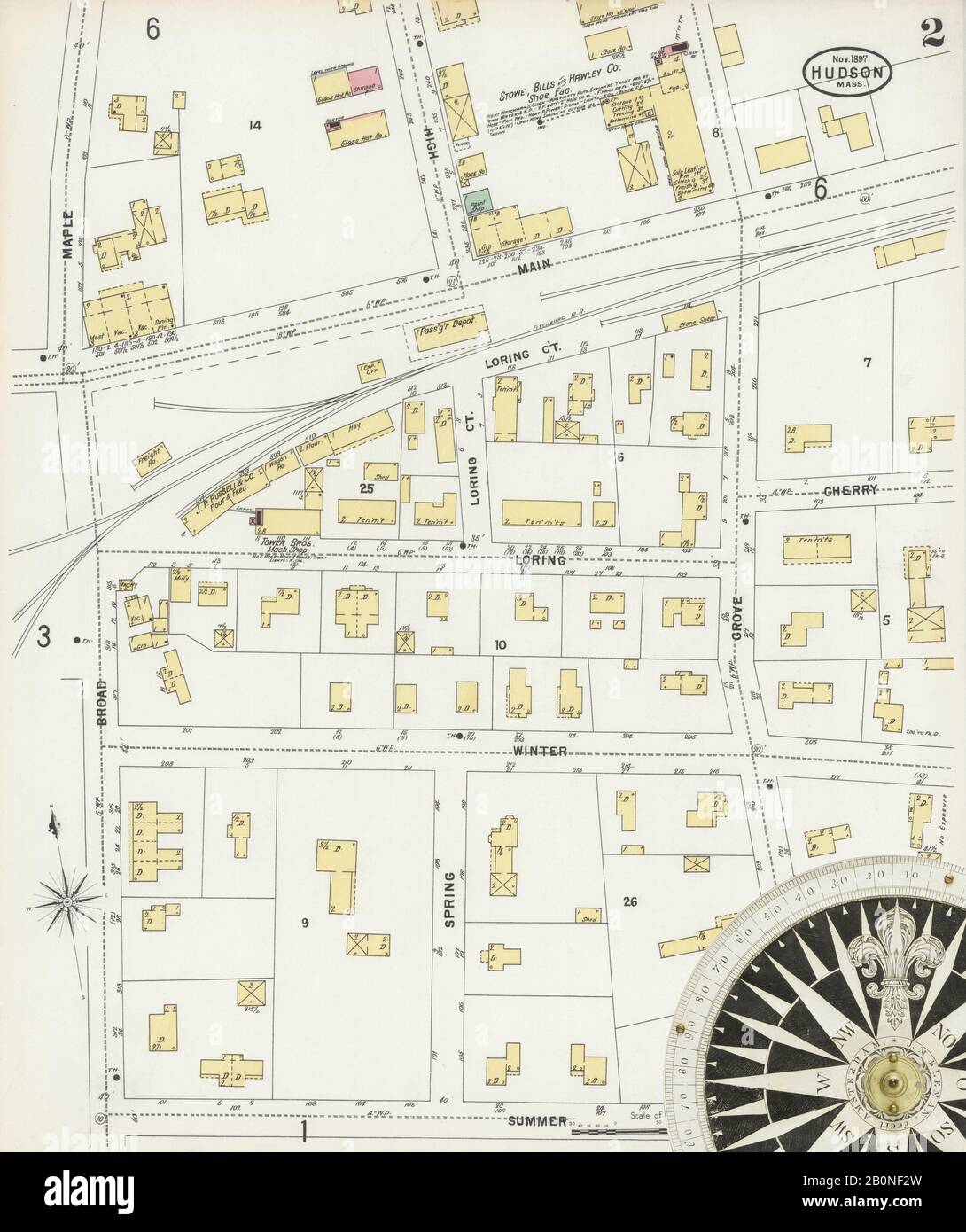Image 2 of Sanborn Fire Insurance Map from Hudson, Middlesex County, Massachusetts. Nov 1897. 6 Sheet(s), America, street map with a Nineteenth Century compass Stock Photo