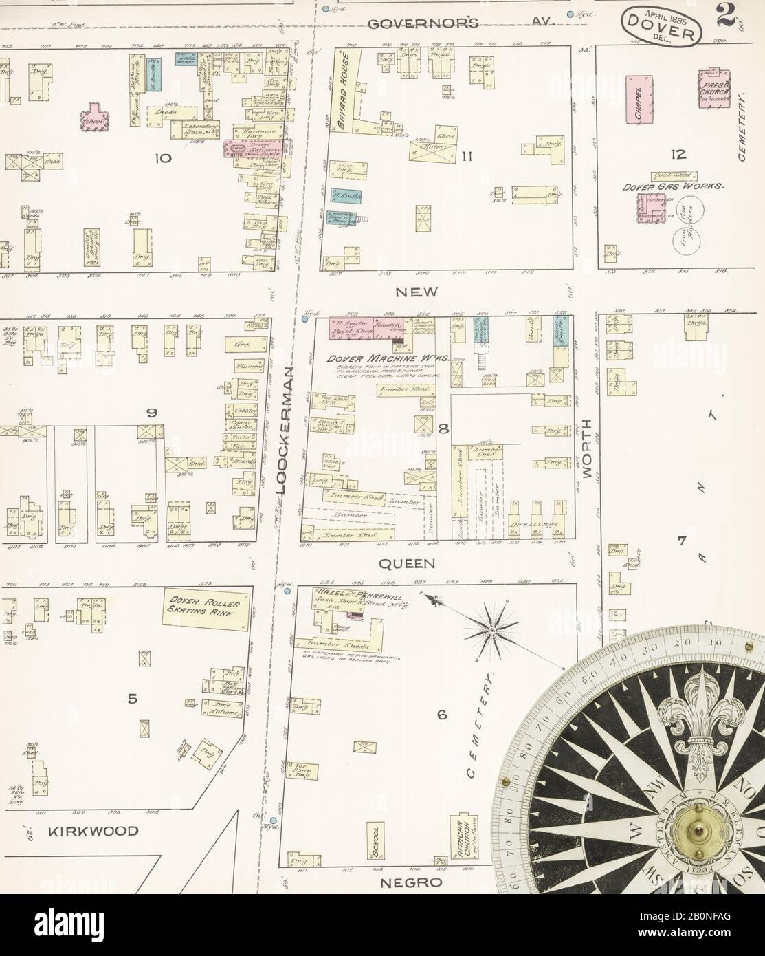 Image 2 of Sanborn Fire Insurance Map from Dover, Kent County, Delaware. Apr 1885. 4 Sheet(s), America, street map with a Nineteenth Century compass Stock Photo