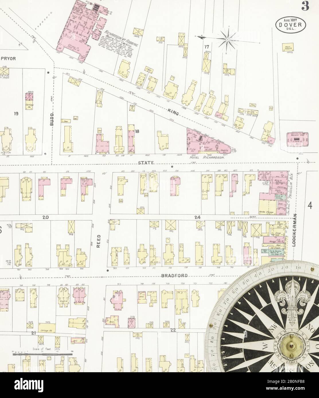 Image 3 of Sanborn Fire Insurance Map from Dover, Kent County, Delaware. Aug 1897. 7 Sheet(s), America, street map with a Nineteenth Century compass Stock Photo
