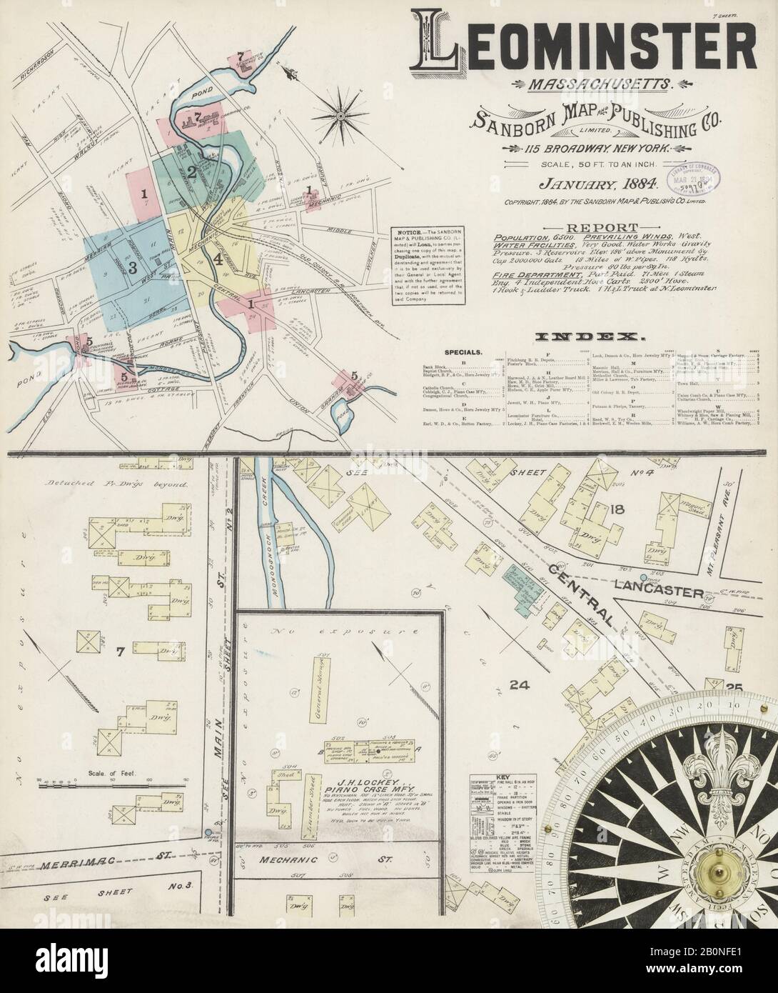 Image 1 of Sanborn Fire Insurance Map from Leominster, Worcester County, Massachusetts. Jan 1884. 7 Sheet(s), America, street map with a Nineteenth Century compass Stock Photo