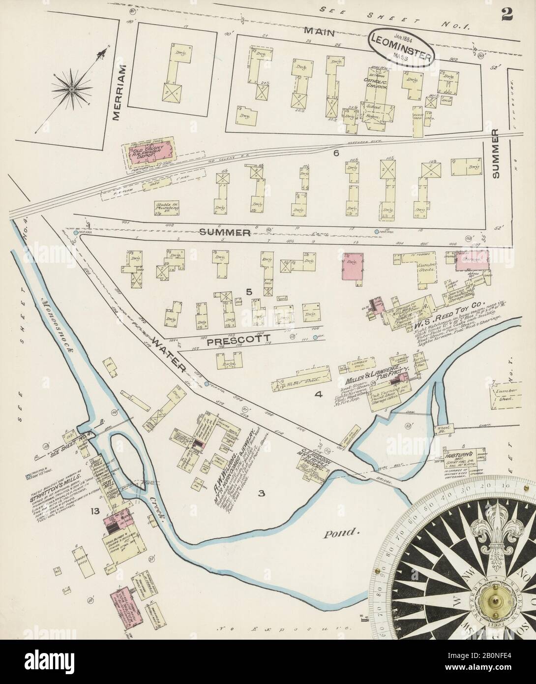 Image 2 of Sanborn Fire Insurance Map from Leominster, Worcester County, Massachusetts. Jan 1884. 7 Sheet(s), America, street map with a Nineteenth Century compass Stock Photo