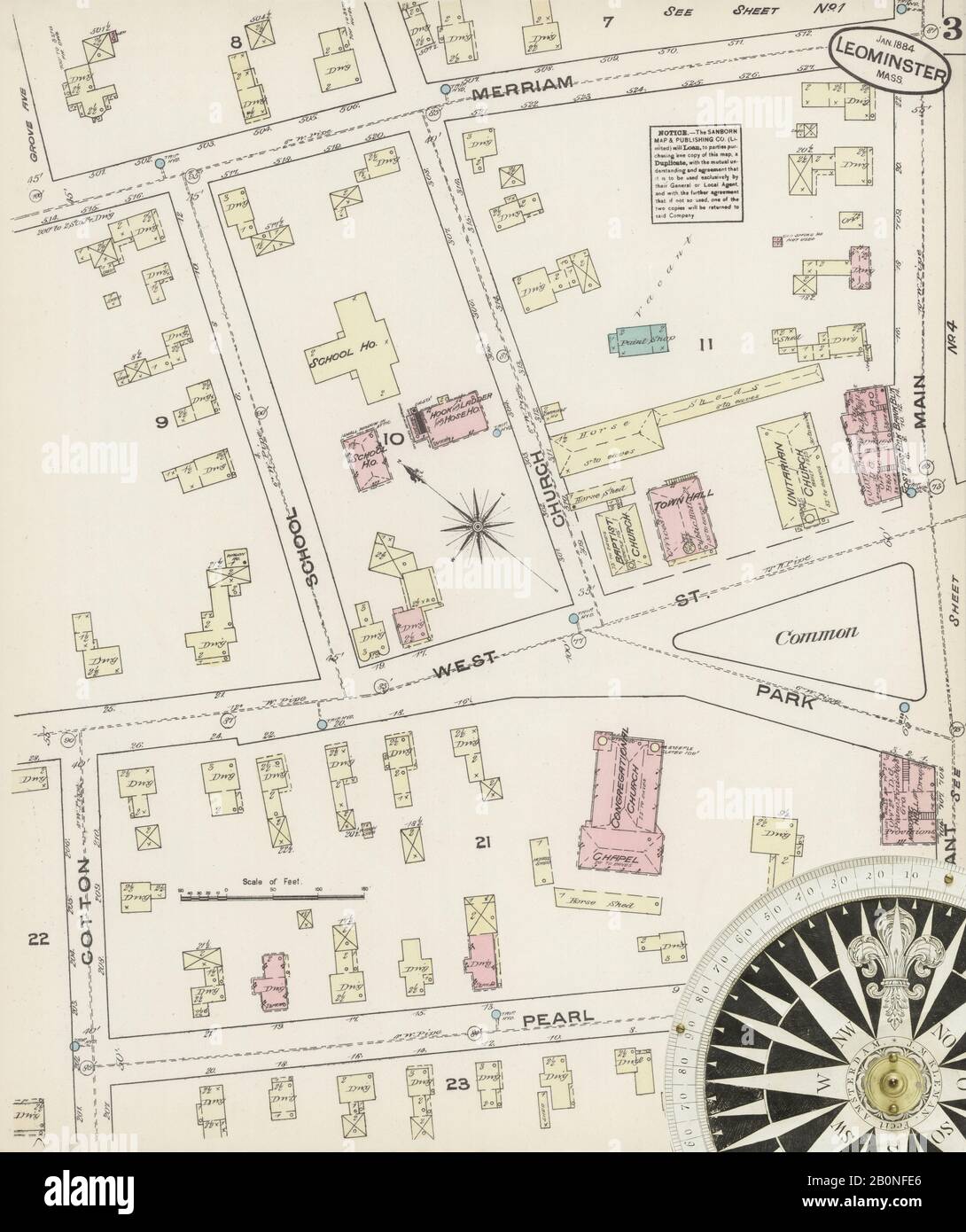 Image 3 of Sanborn Fire Insurance Map from Leominster, Worcester County, Massachusetts. Jan 1884. 7 Sheet(s), America, street map with a Nineteenth Century compass Stock Photo
