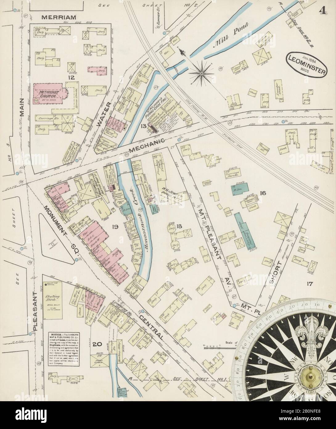 Image 4 of Sanborn Fire Insurance Map from Leominster, Worcester County, Massachusetts. Jan 1884. 7 Sheet(s), America, street map with a Nineteenth Century compass Stock Photo