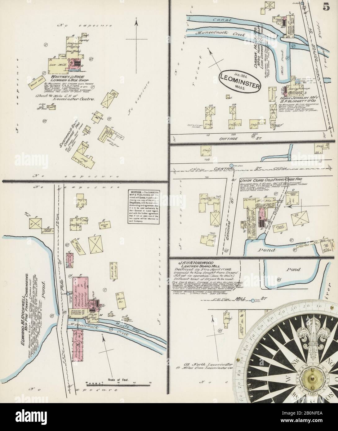 Image 5 of Sanborn Fire Insurance Map from Leominster, Worcester County, Massachusetts. Jan 1884. 7 Sheet(s), America, street map with a Nineteenth Century compass Stock Photo