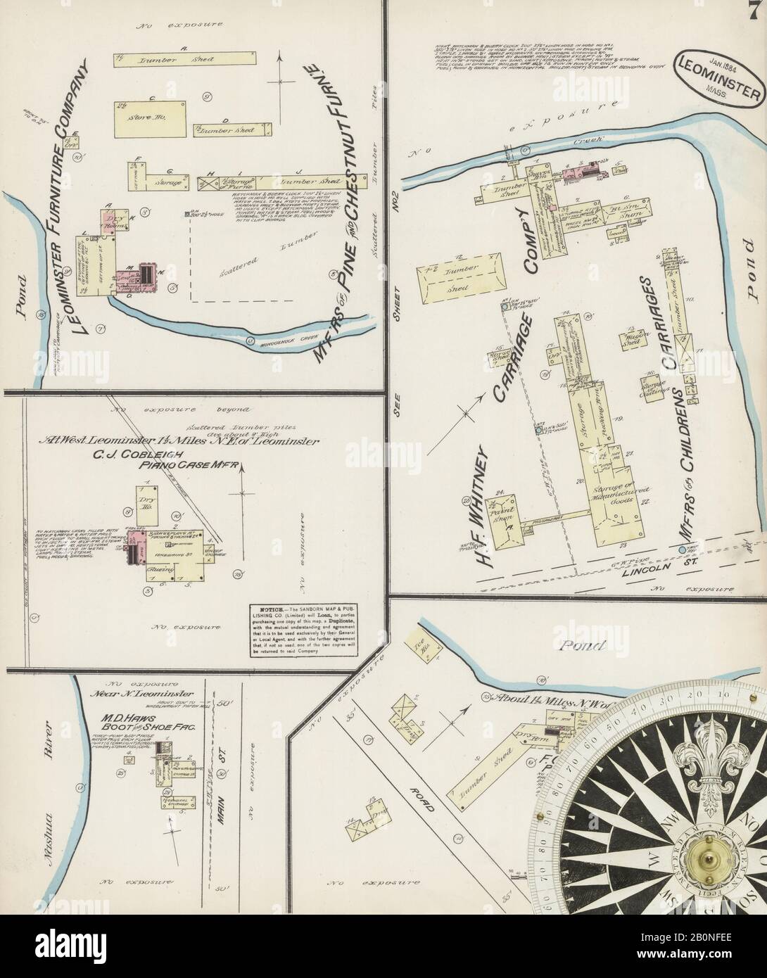 Image 7 of Sanborn Fire Insurance Map from Leominster, Worcester County, Massachusetts. Jan 1884. 7 Sheet(s), America, street map with a Nineteenth Century compass Stock Photo