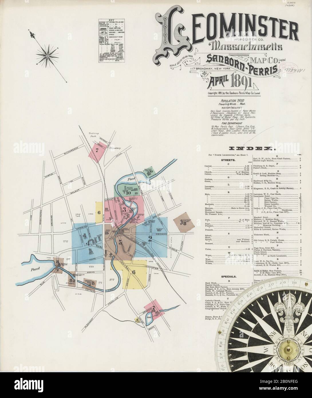 Image 1 of Sanborn Fire Insurance Map from Leominster, Worcester County, Massachusetts. Apr 1891. 10 Sheet(s), America, street map with a Nineteenth Century compass Stock Photo