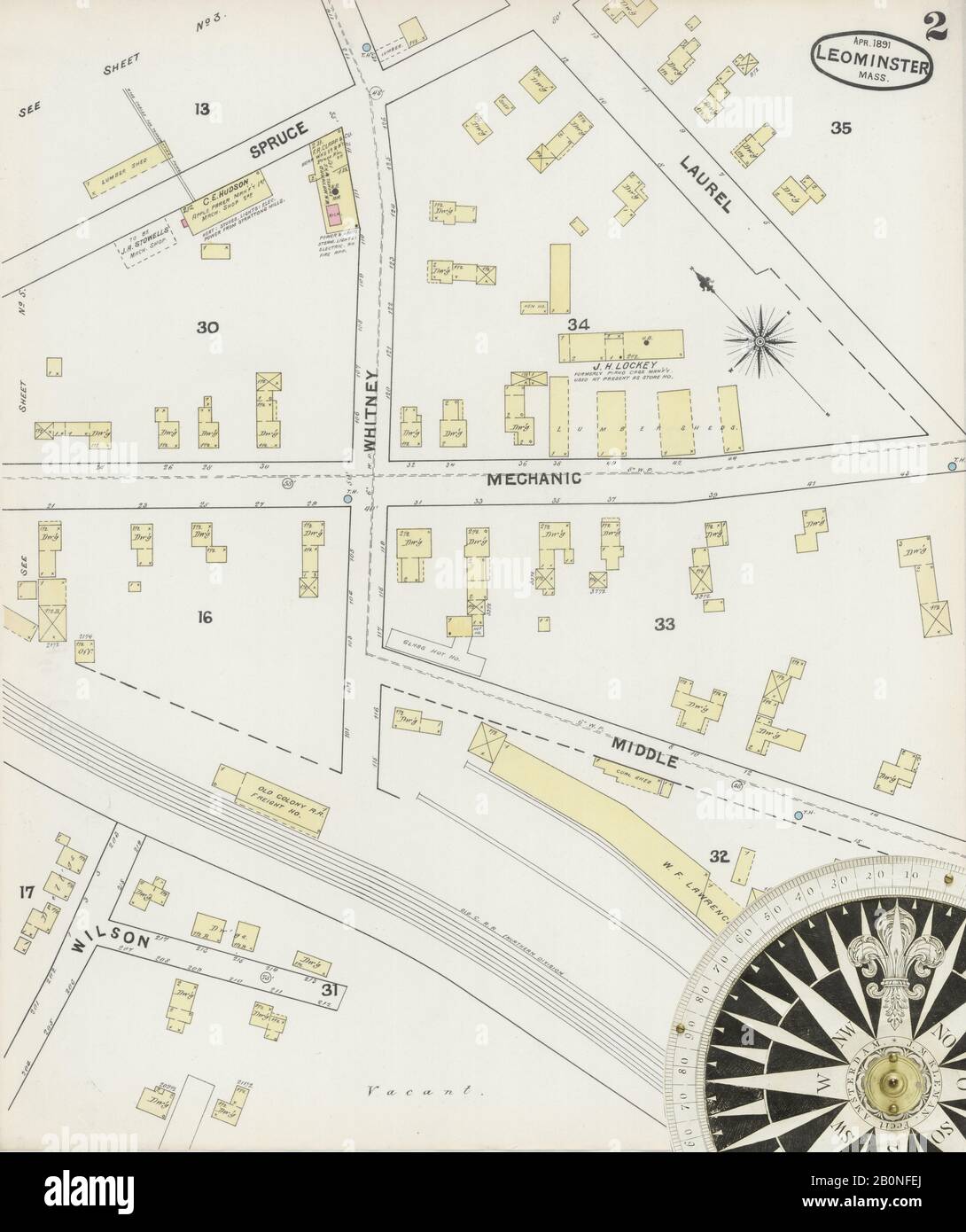 Image 2 of Sanborn Fire Insurance Map from Leominster, Worcester County, Massachusetts. Apr 1891. 10 Sheet(s), America, street map with a Nineteenth Century compass Stock Photo