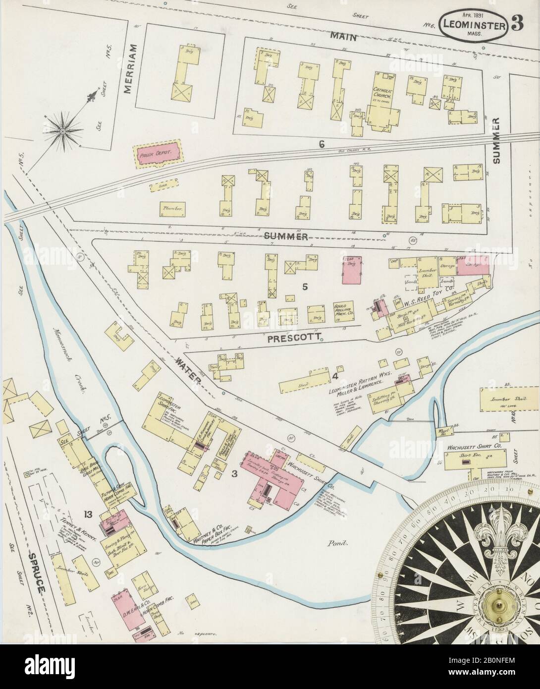Image 3 of Sanborn Fire Insurance Map from Leominster, Worcester County, Massachusetts. Apr 1891. 10 Sheet(s), America, street map with a Nineteenth Century compass Stock Photo