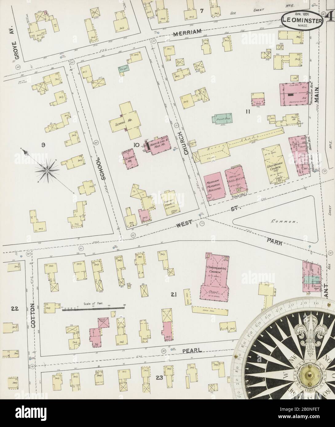 Image 4 of Sanborn Fire Insurance Map from Leominster, Worcester County, Massachusetts. Apr 1891. 10 Sheet(s), America, street map with a Nineteenth Century compass Stock Photo