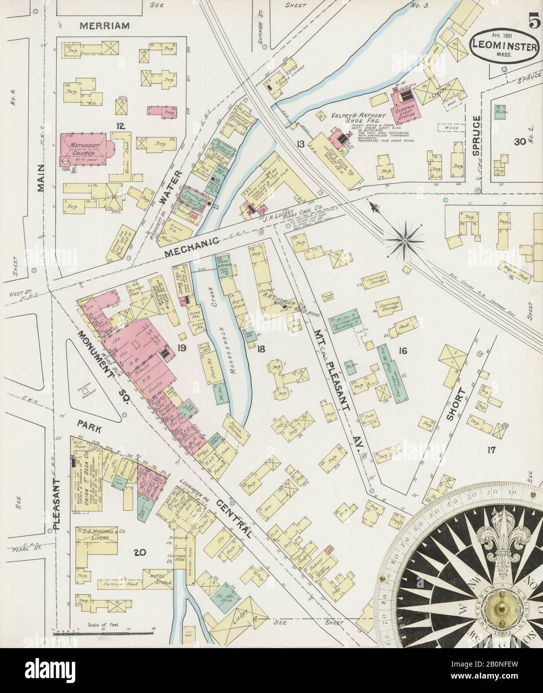 Image 5 of Sanborn Fire Insurance Map from Leominster, Worcester County, Massachusetts. Apr 1891. 10 Sheet(s), America, street map with a Nineteenth Century compass Stock Photo