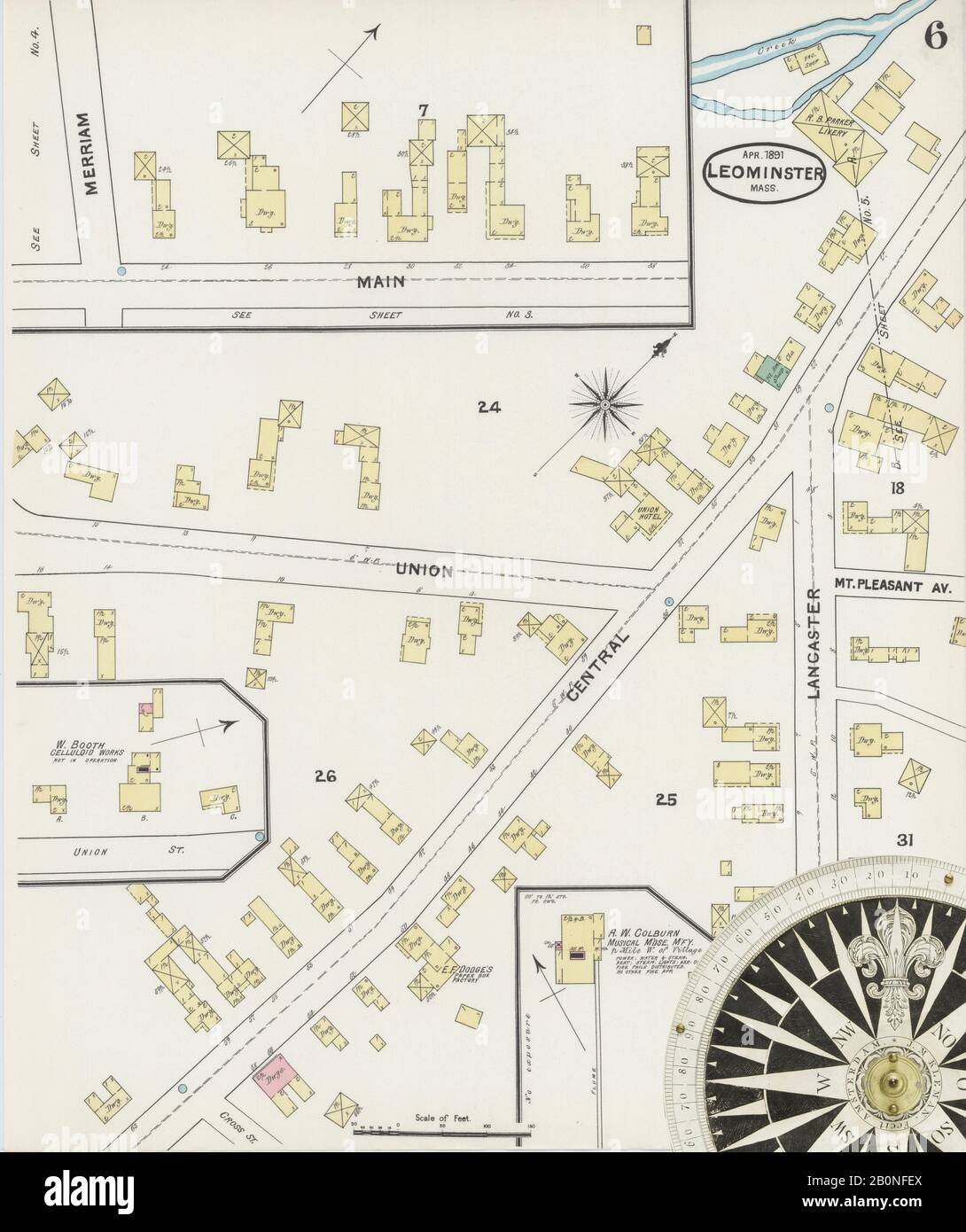 Image 6 of Sanborn Fire Insurance Map from Leominster, Worcester County, Massachusetts. Apr 1891. 10 Sheet(s), America, street map with a Nineteenth Century compass Stock Photo