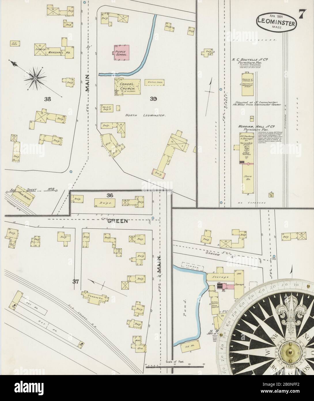 Image 7 of Sanborn Fire Insurance Map from Leominster, Worcester County, Massachusetts. Apr 1891. 10 Sheet(s), America, street map with a Nineteenth Century compass Stock Photo