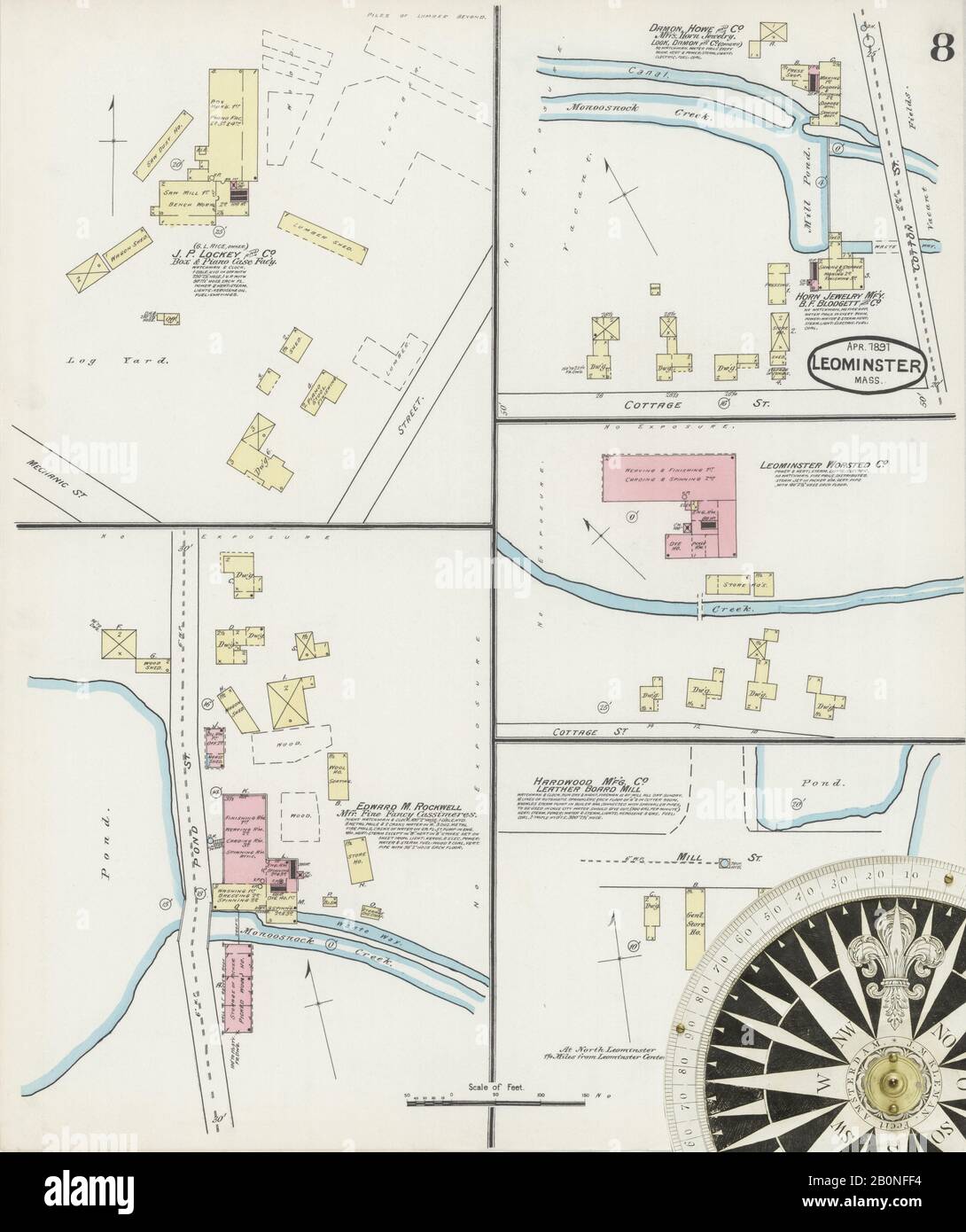 Image 8 of Sanborn Fire Insurance Map from Leominster, Worcester County, Massachusetts. Apr 1891. 10 Sheet(s), America, street map with a Nineteenth Century compass Stock Photo