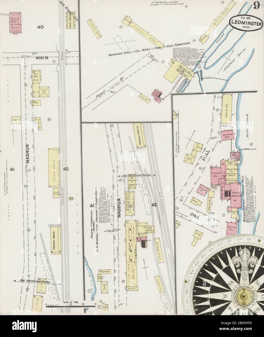 Image 9 of Sanborn Fire Insurance Map from Leominster, Worcester County, Massachusetts. Apr 1891. 10 Sheet(s), America, street map with a Nineteenth Century compass Stock Photo