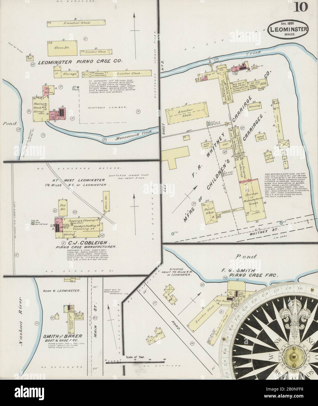 Image 10 of Sanborn Fire Insurance Map from Leominster, Worcester County, Massachusetts. Apr 1891. 10 Sheet(s), America, street map with a Nineteenth Century compass Stock Photo