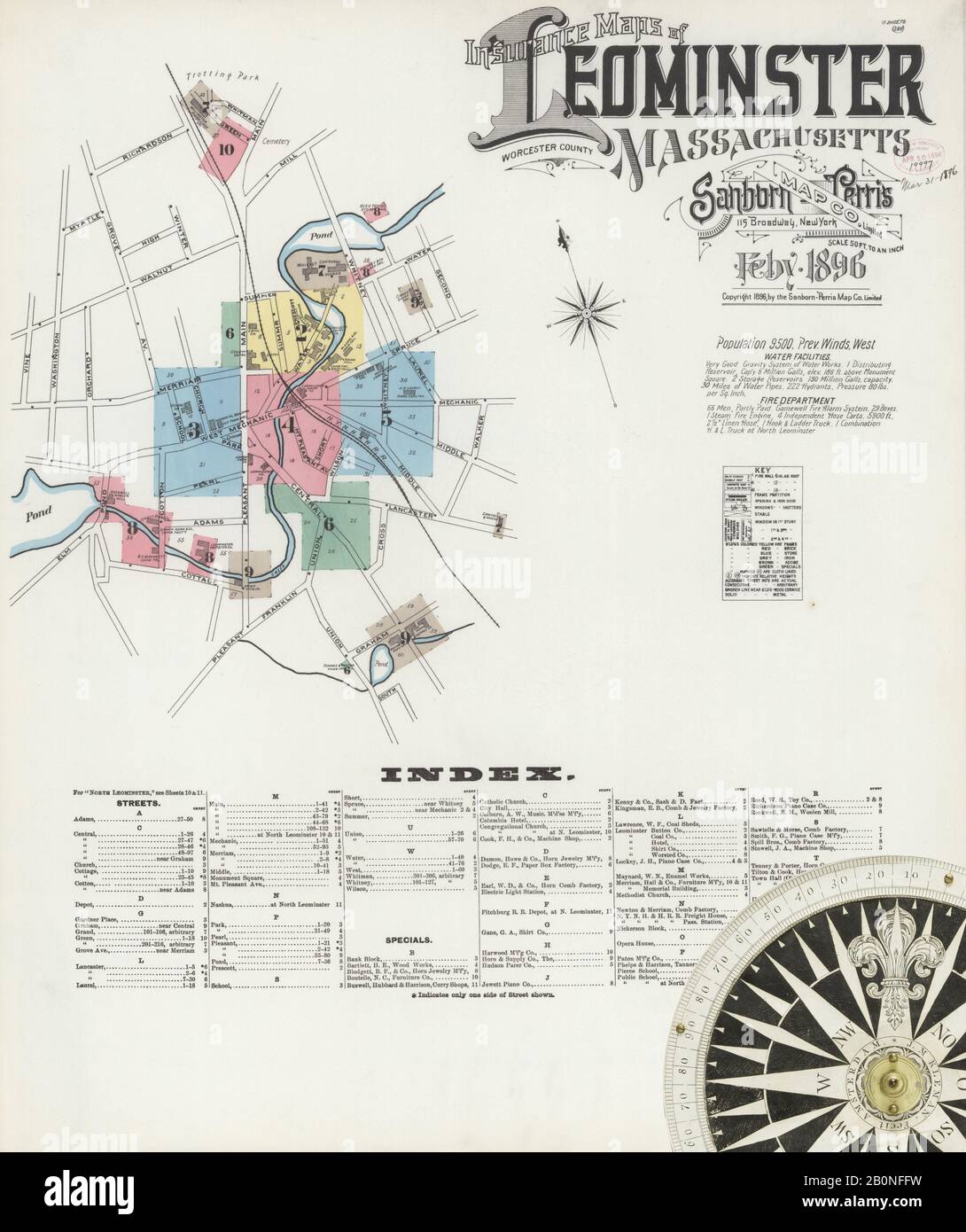 Image 1 of Sanborn Fire Insurance Map from Leominster, Worcester County, Massachusetts. Feb 1896. 11 Sheet(s), America, street map with a Nineteenth Century compass Stock Photo