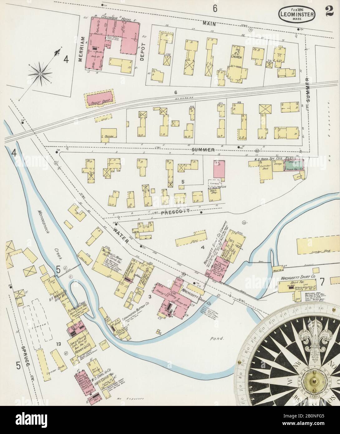 Image 2 of Sanborn Fire Insurance Map from Leominster, Worcester County, Massachusetts. Feb 1896. 11 Sheet(s), America, street map with a Nineteenth Century compass Stock Photo