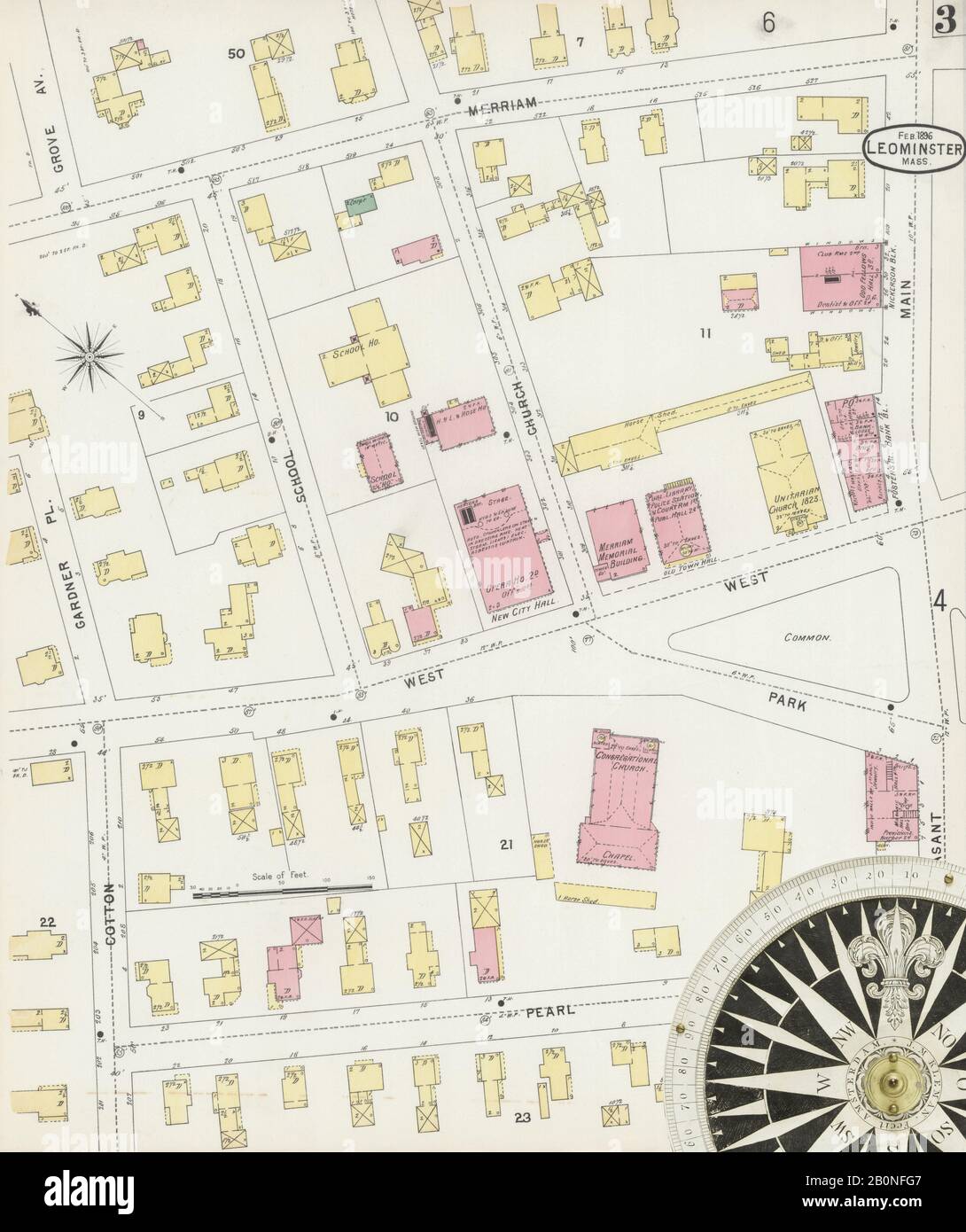 Image 3 of Sanborn Fire Insurance Map from Leominster, Worcester County, Massachusetts. Feb 1896. 11 Sheet(s), America, street map with a Nineteenth Century compass Stock Photo