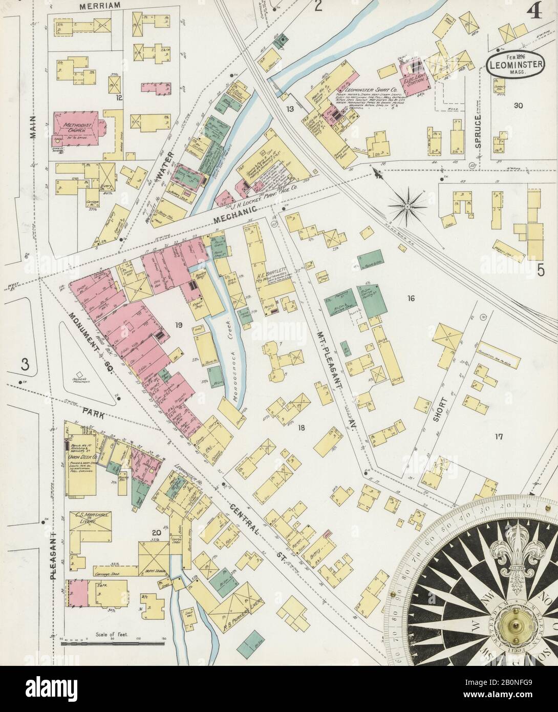 Image 4 of Sanborn Fire Insurance Map from Leominster, Worcester County, Massachusetts. Feb 1896. 11 Sheet(s), America, street map with a Nineteenth Century compass Stock Photo