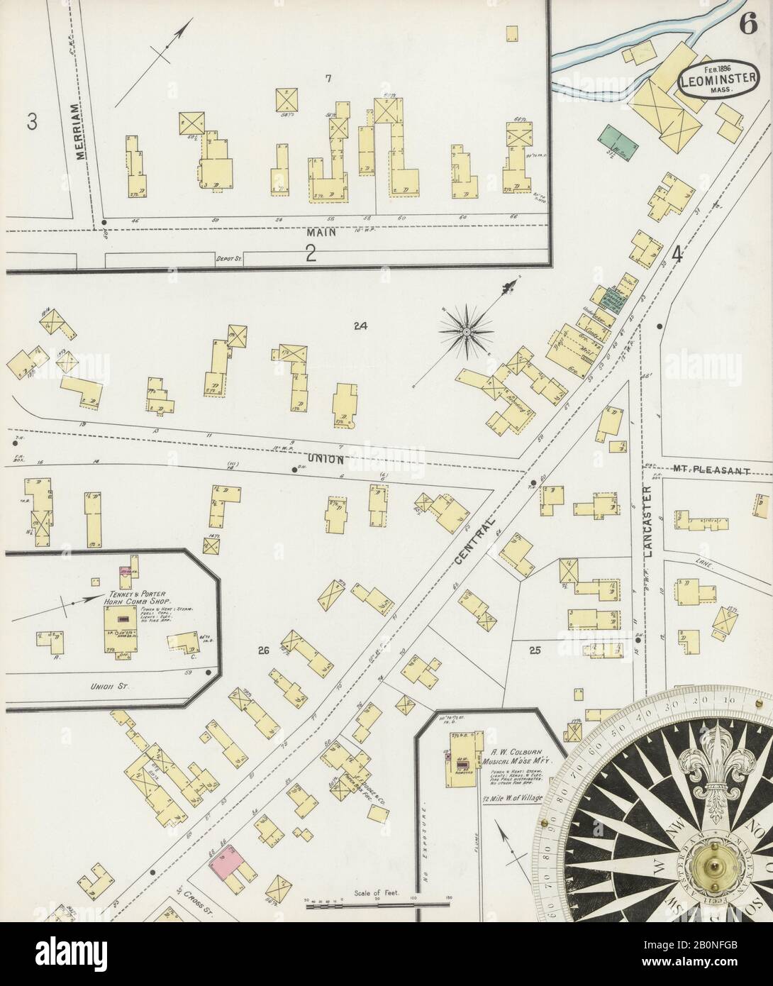 Image 6 of Sanborn Fire Insurance Map from Leominster, Worcester County, Massachusetts. Feb 1896. 11 Sheet(s), America, street map with a Nineteenth Century compass Stock Photo