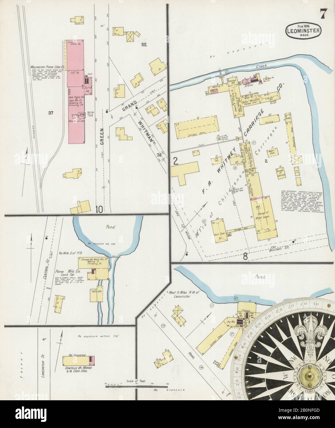 Image 7 of Sanborn Fire Insurance Map from Leominster, Worcester County, Massachusetts. Feb 1896. 11 Sheet(s), America, street map with a Nineteenth Century compass Stock Photo