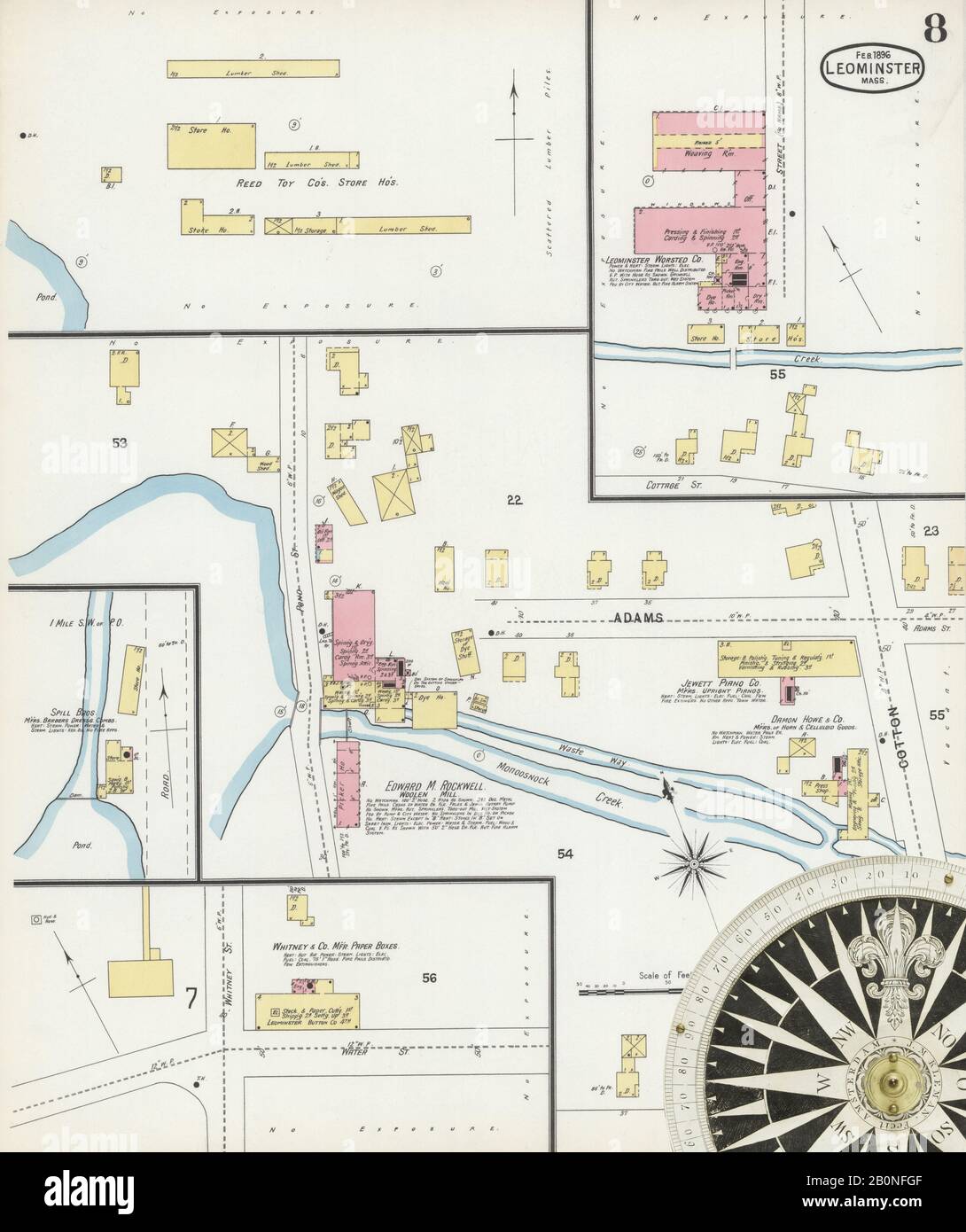 Image 8 of Sanborn Fire Insurance Map from Leominster, Worcester County, Massachusetts. Feb 1896. 11 Sheet(s), America, street map with a Nineteenth Century compass Stock Photo