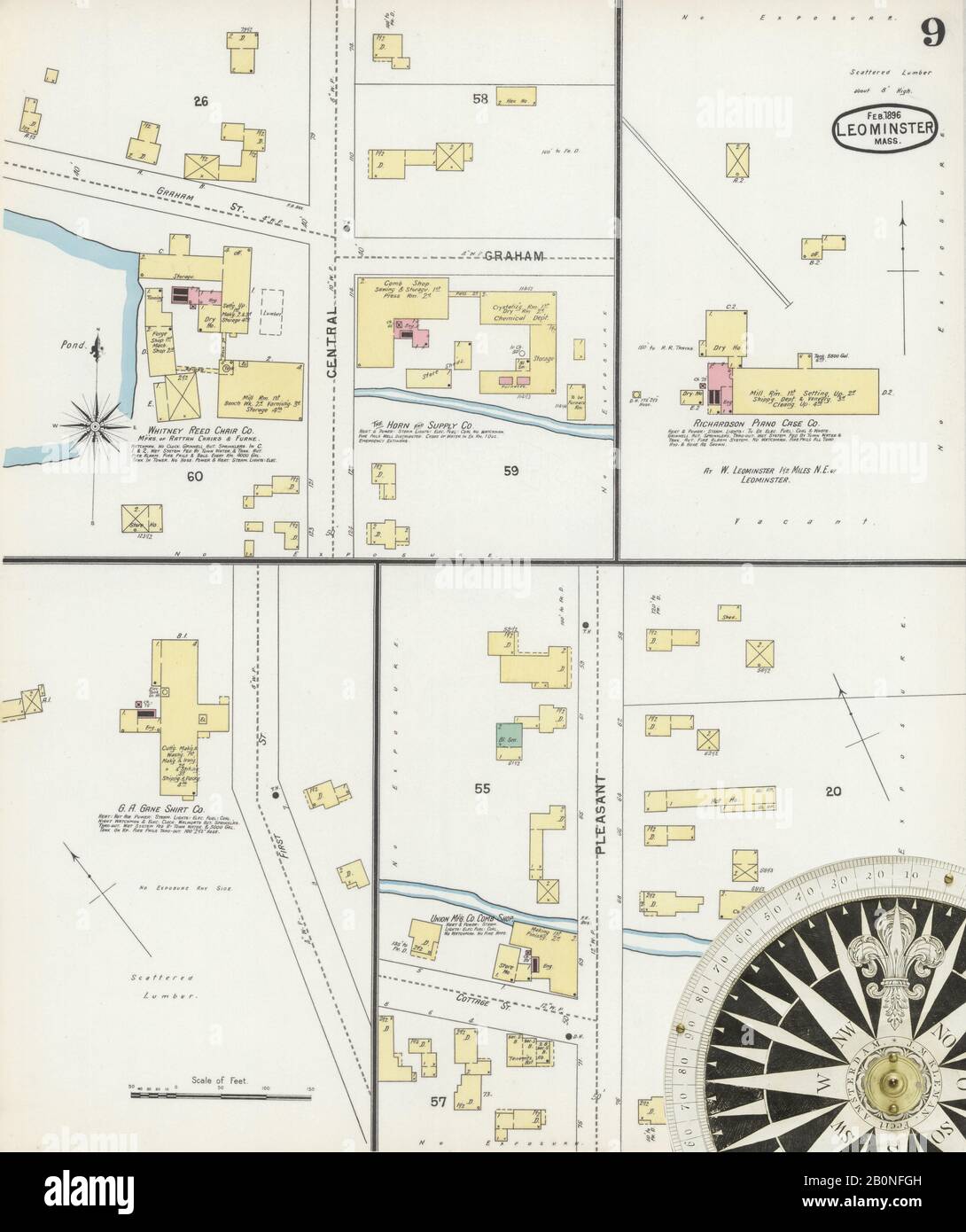 Image 9 of Sanborn Fire Insurance Map from Leominster, Worcester County, Massachusetts. Feb 1896. 11 Sheet(s), America, street map with a Nineteenth Century compass Stock Photo