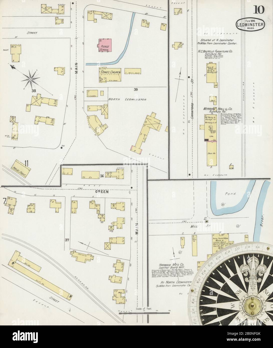Image 10 of Sanborn Fire Insurance Map from Leominster, Worcester County, Massachusetts. Feb 1896. 11 Sheet(s), America, street map with a Nineteenth Century compass Stock Photo