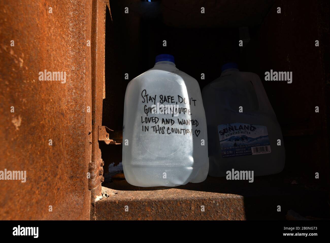 Containers of water have been placed at an abandoned structure along a known smuggling route on the Buenos Aires National Wildlife Refuge as an act of Stock Photo