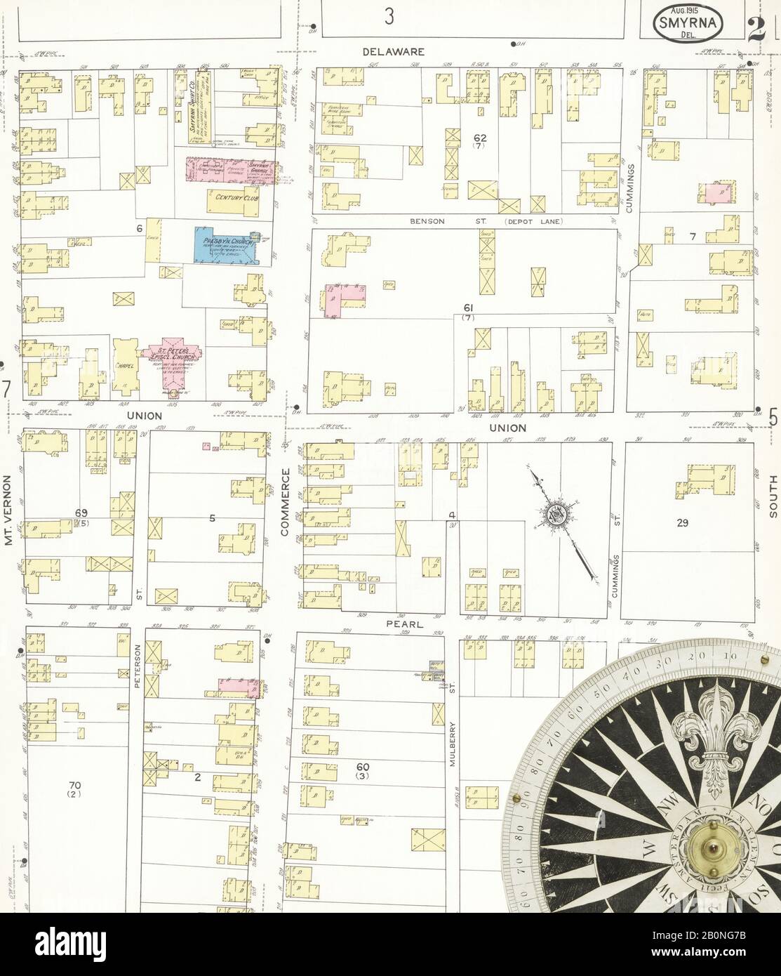 Image 2 of Sanborn Fire Insurance Map from Smyrna, Kent County, Delaware. Aug 1915. 7 Sheet(s), America, street map with a Nineteenth Century compass Stock Photo