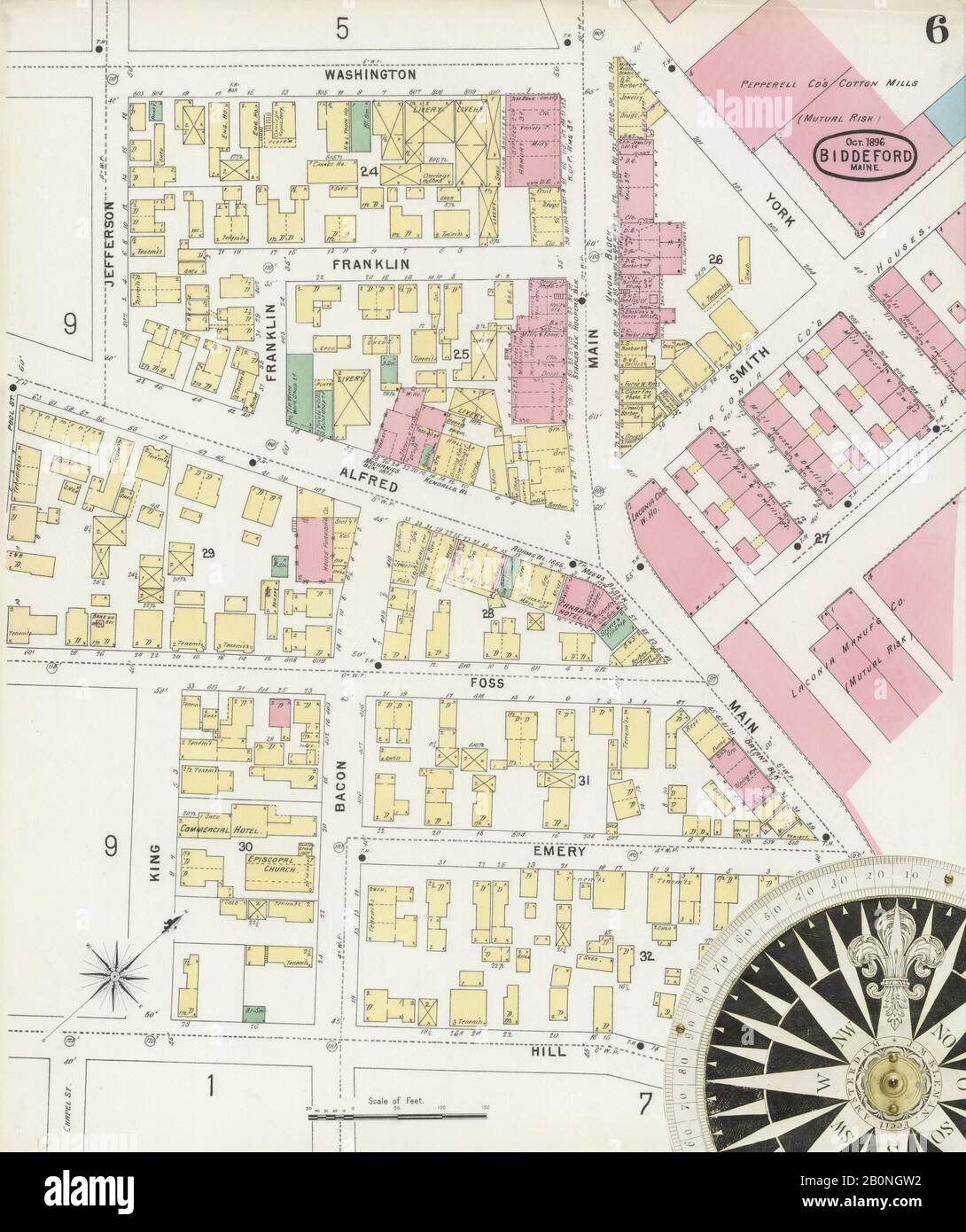 Image 6 of Sanborn Fire Insurance Map from Biddeford, York County, Maine. Oct 1896. 9 Sheet(s), America, street map with a Nineteenth Century compass Stock Photo