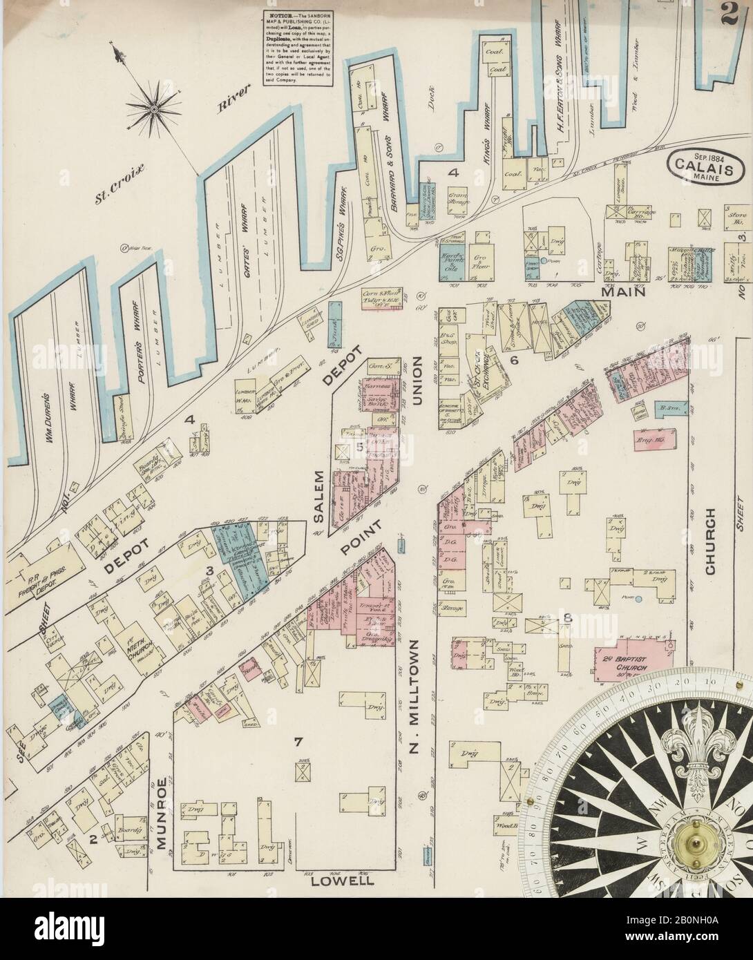 Image 2 of Sanborn Fire Insurance Map from Calais, Washington County, Maine. Sep 1884. 5 Sheet(s), America, street map with a Nineteenth Century compass Stock Photo