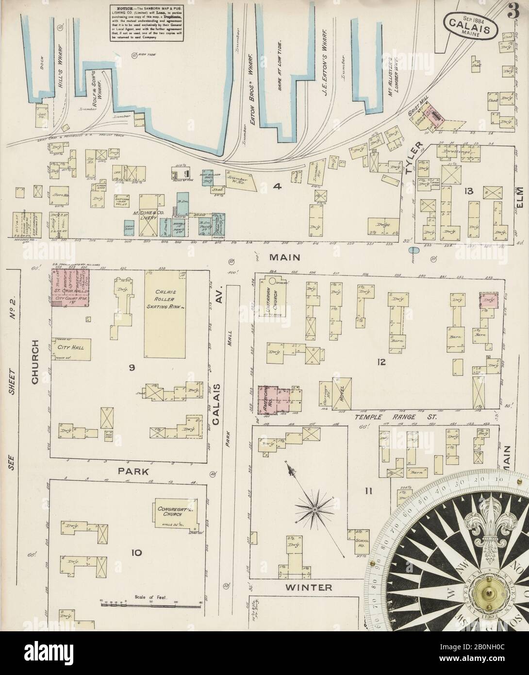Image 3 of Sanborn Fire Insurance Map from Calais, Washington County, Maine. Sep 1884. 5 Sheet(s), America, street map with a Nineteenth Century compass Stock Photo
