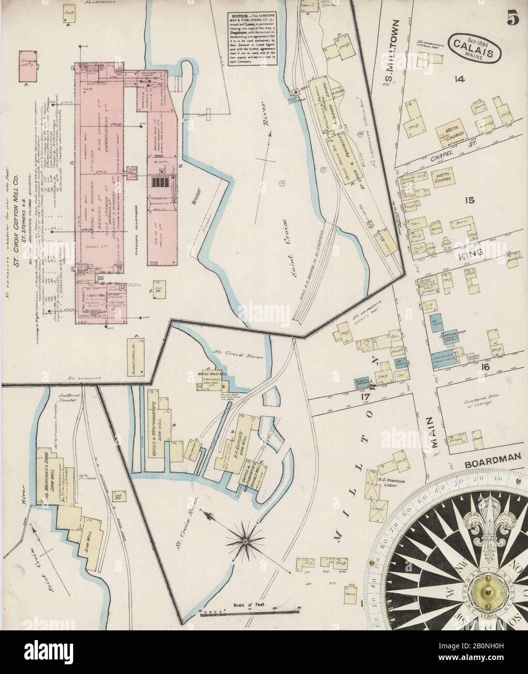 Image 5 of Sanborn Fire Insurance Map from Calais, Washington County, Maine. Sep 1884. 5 Sheet(s), America, street map with a Nineteenth Century compass Stock Photo