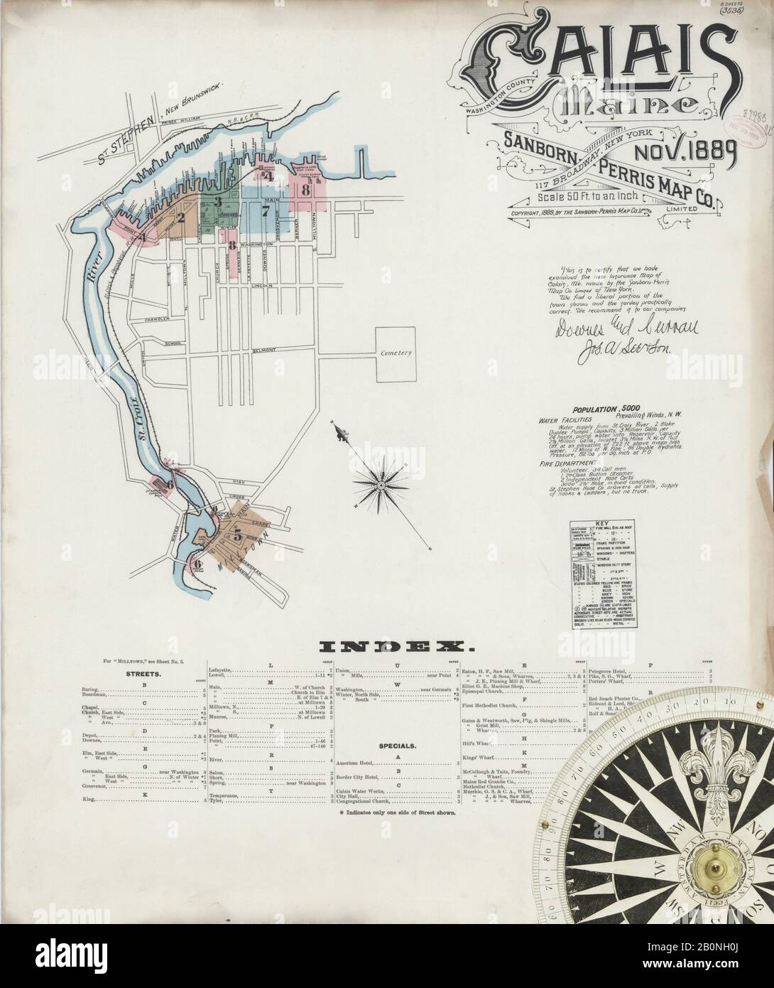 Image 1 of Sanborn Fire Insurance Map from Calais, Washington County, Maine. Nov 1889. 8 Sheet(s), America, street map with a Nineteenth Century compass Stock Photo