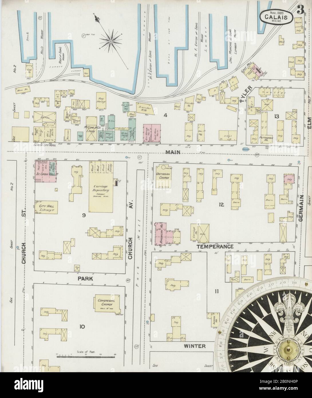 Image 3 of Sanborn Fire Insurance Map from Calais, Washington County, Maine. Nov 1889. 8 Sheet(s), America, street map with a Nineteenth Century compass Stock Photo