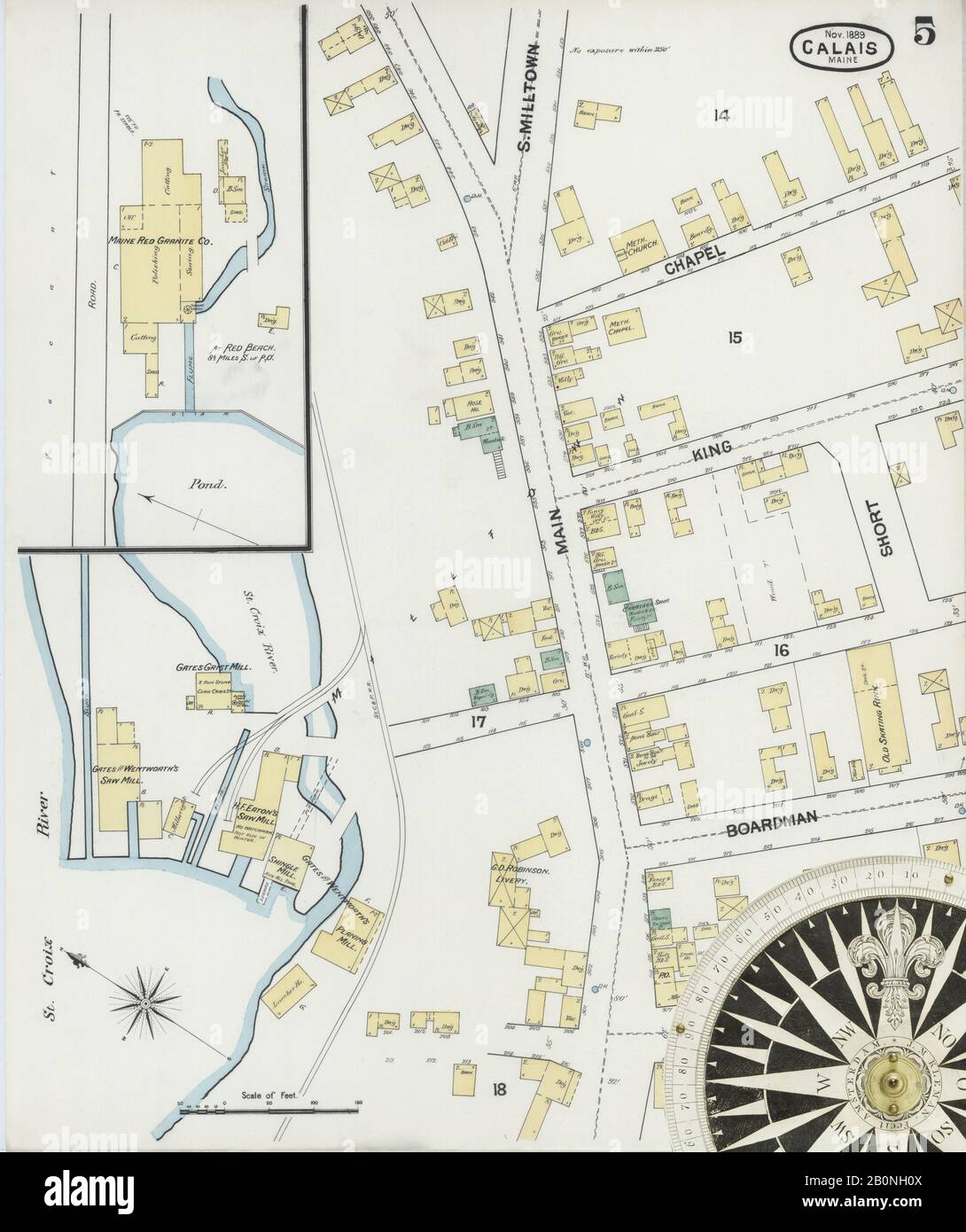 Image 5 of Sanborn Fire Insurance Map from Calais, Washington County, Maine. Nov 1889. 8 Sheet(s), America, street map with a Nineteenth Century compass Stock Photo